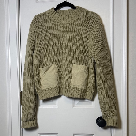 Zara Chunky Knit Pocket Sweater Sage Green Cropped Boxy Cozy Pullover Large - Picture 5 of 11
